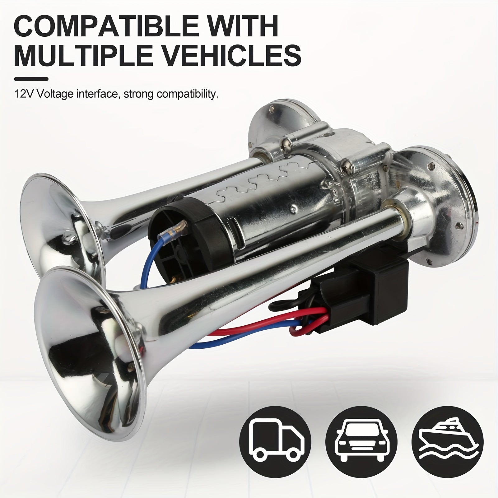 High Decibel Dual Trumpet Air Horn Kit with Heavy-Duty Compressor for Trucks, SUVs, Motorcycles, and Boats - Durable Aluminum Alloy Design