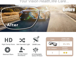 a car driving down a road with the words vision health we care