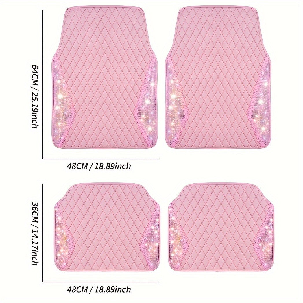 Glamorous Pink PU Leather Car Mats with Glittering Rhinestones, Anti-Slip Floor Pads for SUVs, Sedans, and Vans – 4-Piece Set for Stylish Women