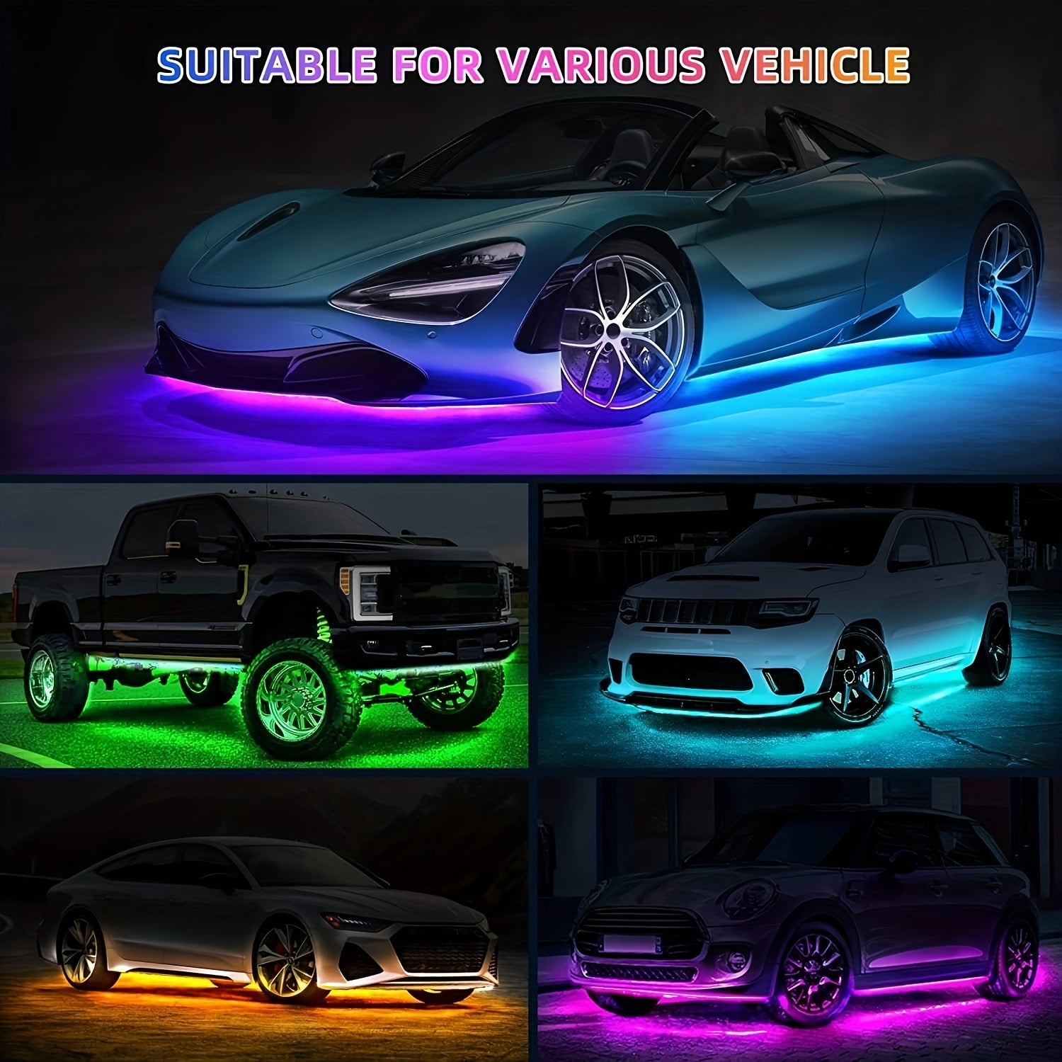 4PCS RGB Car Underglow LED Neon Strip Lights with Wireless Remote and Sound Activation - Multi-Color Underbody Light Kit for Cars, SUVs, and Trucks