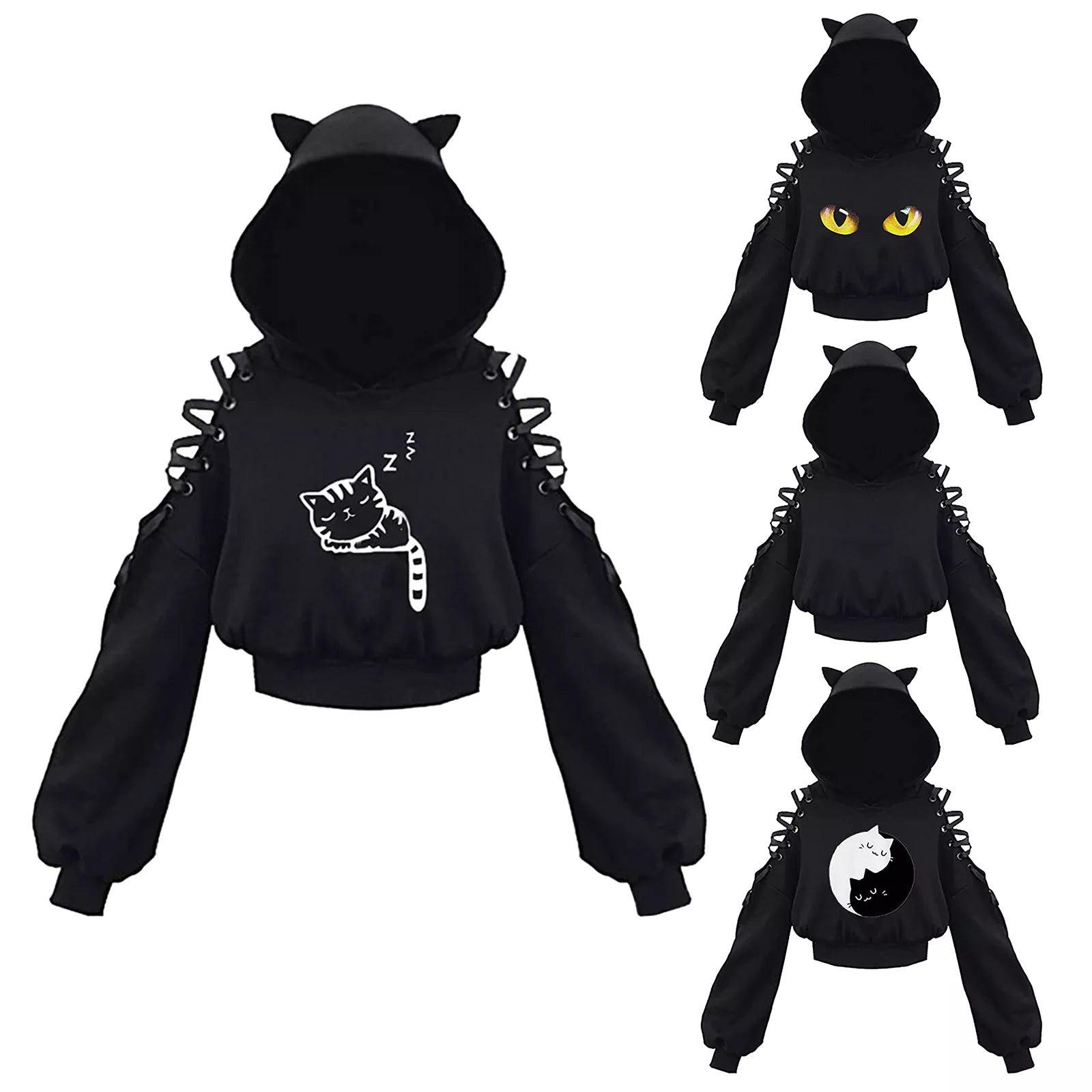 Open Shoulder Kitty Ear Cropped Hoodie