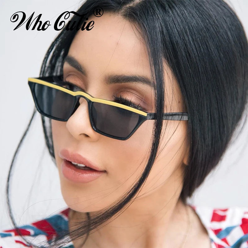 Vintage Gold Accent Cat Eye Sunglasses for Women - Narrow Rectangular Frame