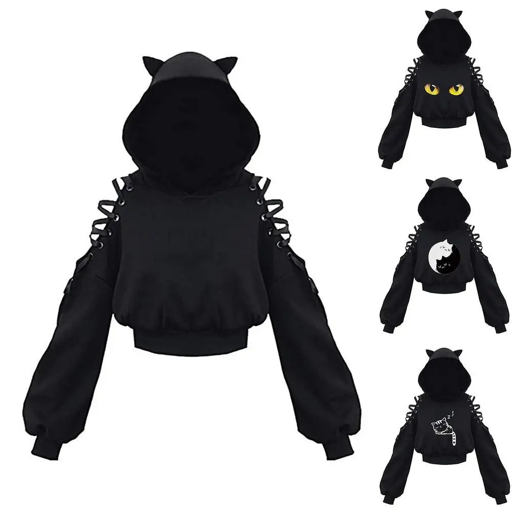 Harajuku Cat Ear Hood Cropped, Lace up Open Shoulders Sweatshirt Top