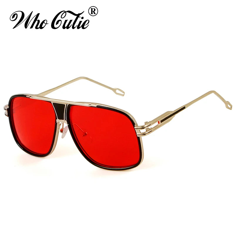 WHO CUTIE Classic Red Square Sunglasses Men 2018 Trendy Luxury Brand Brad Pitt Style Male Grandmaster Flat Top Sun Glasses OM129