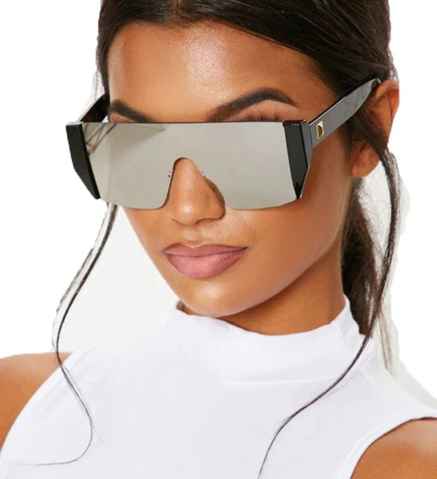 Futuristic Oversized Rimless Sunglasses for Men & Women - Designer Square Black Shades OM504