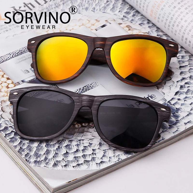 Vintage Square Sunglasses for Men and Women  Designer Wood Frame with Rivets and Mirror Lens  UV400 Protection for Driving and Outdoor Activities