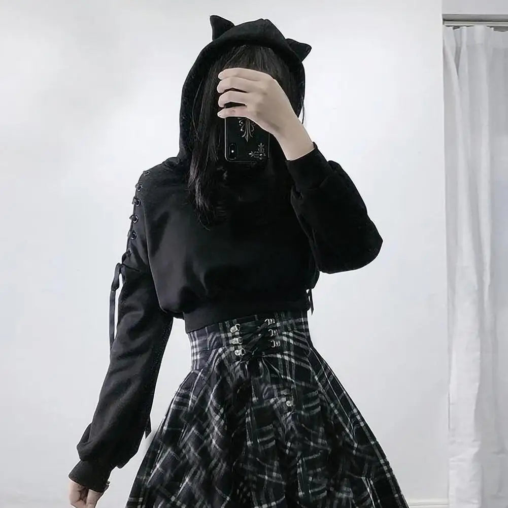 Harajuku Cat Ear Hood Cropped, Lace up Open Shoulders Sweatshirt Top