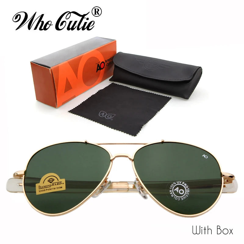 WHO CUTIE Brand AO Sunglasses pilot 90s Men Army Military 12K Gold Tint Frame American Optical Lens Sun Glasses with Box OM288B