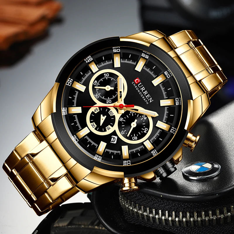 Waterproof Military Quartz Chronograph Watch - Luxury Sports Design with Stainless Steel Band and Shock Resistance, Gold and Blue Accents