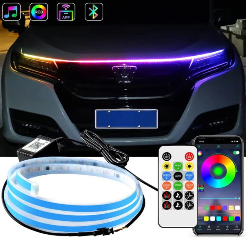 Multicolor Car LED Hood Light Strip - 108 Waterproof LEDs for Engine Cover Atmosphere Lighting with APP & Remote Control for SUVs