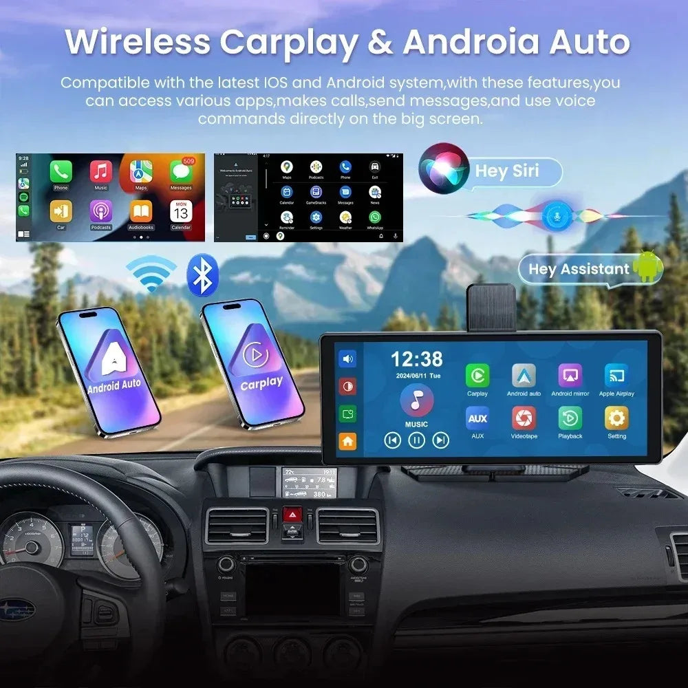 10.26" 4K Rotating Dash Cam with Wireless CarPlay, Android Auto, Bluetooth & AUX for Enhanced Driving Experience