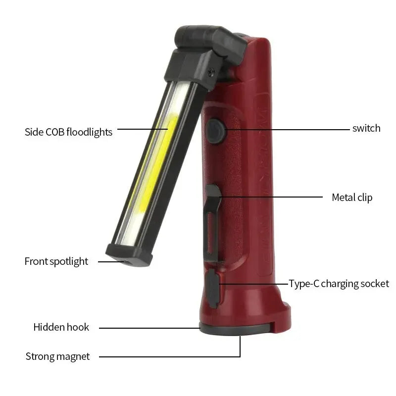 Versatile COB Camping Work Light - 180° Rotating USB Rechargeable Flashlight with Magnetic Hook and Multiple Modes