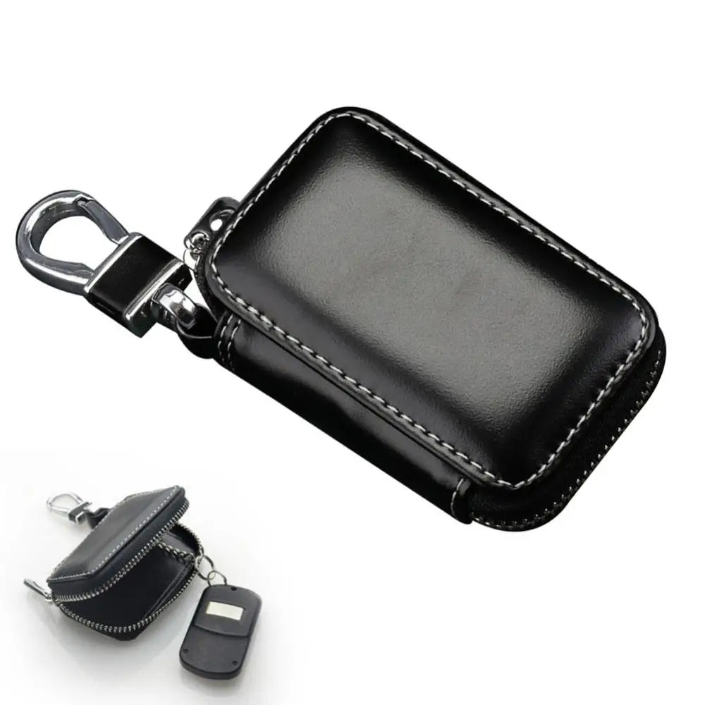 Luxury Cowhide Leather Key Fob Case with Zipper and Keychain - Stylish Car Key Pouch Protector