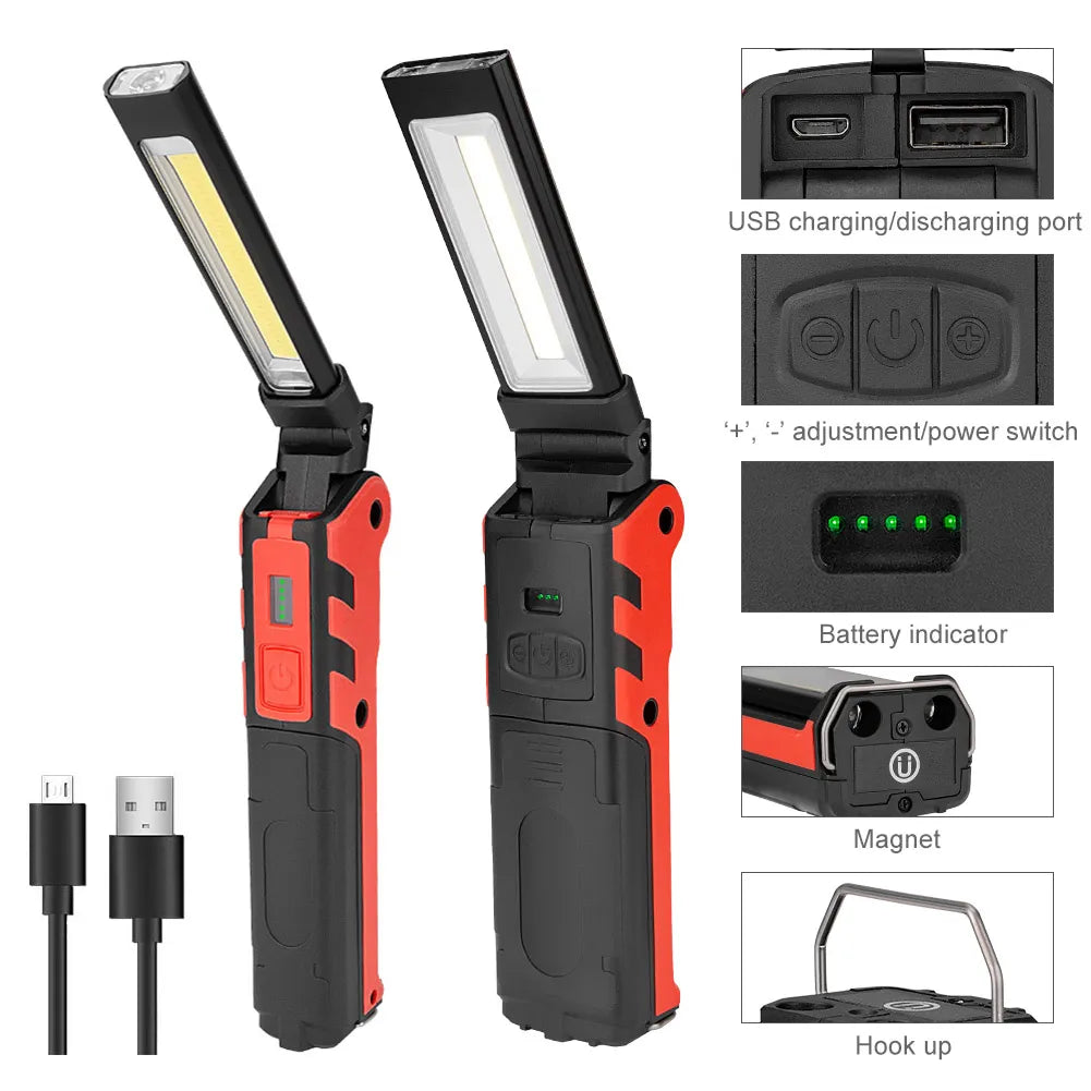 Magnetic Suction COB LED Work Light, Dimmable and USB Rechargeable. Inspection Lamp With Magnetic Hook and Power Bank