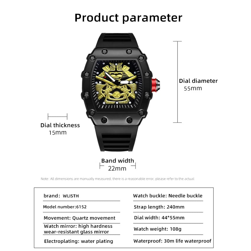 Japanese Samurai Watch with Luminous Hands - Durable Quartz Timepiece with Calendar and Rubber Strap