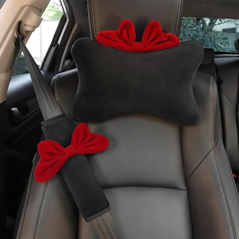 Adorable Red Bowknot Car Neck Pillow & Seatbelt Cover - Cute Cartoon Headrest Support for Women