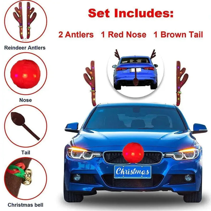 LED Reindeer Antler Car Decoration Kit for Christmas - Light-Up Plush Vehicle Accessories with Bells, Ribbons, and Easy Installation for Trucks, Cars, and Vans