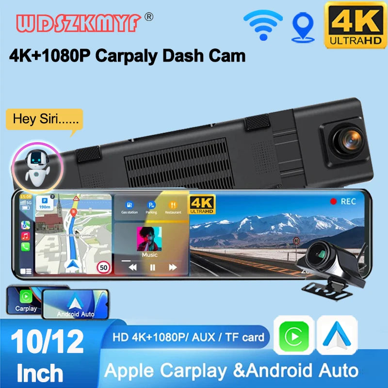 12" 4K Ultra HD Dash Cam with Dual Cameras, Wireless CarPlay & Android Auto, Night Vision, and GPS for Ultimate Driving Safety