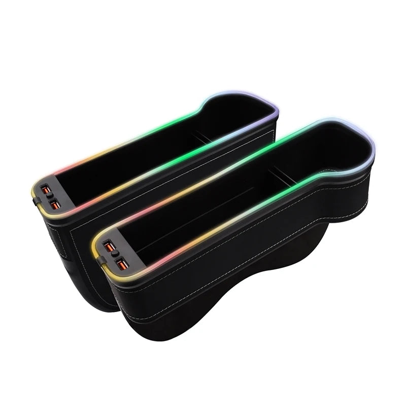 LED Car Seat Gap Filler & Organizer- Multi-use Storage Compartments and Car Charger with 7 Color Changing Ambient LEDs