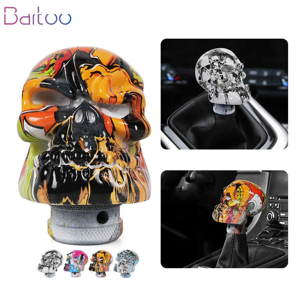 fix Manual Car Skull Head Shaped Style Resin Graffiti Gear Shift Knob Mixed Pattern Gear Stick Shifter Lever Handle SFN153