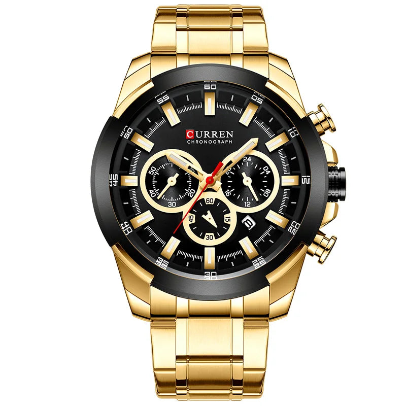 Waterproof Military Quartz Chronograph Watch - Luxury Sports Design with Stainless Steel Band and Shock Resistance, Gold and Blue Accents