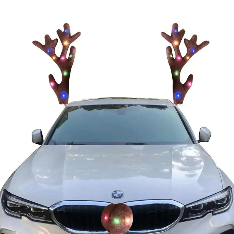 LED Christmas Reindeer Antlers and Nose Car Decoration Kit for SUVs and Vehicles