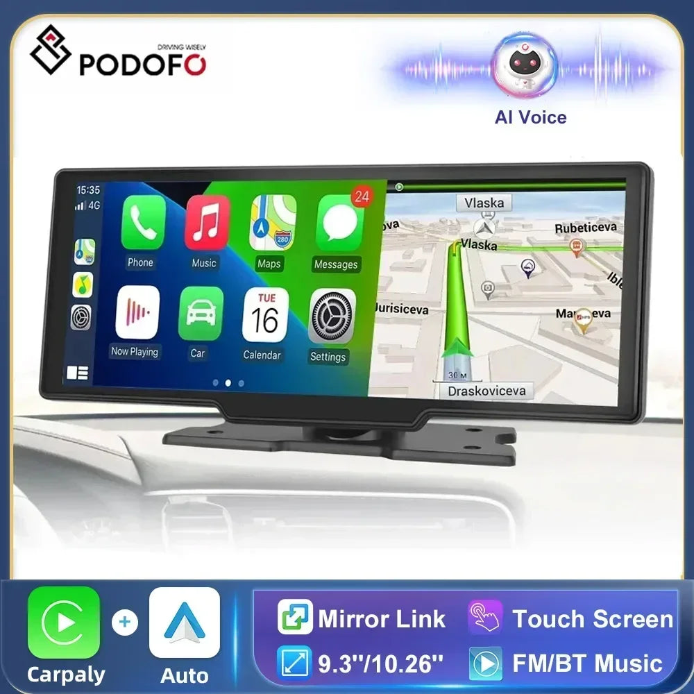 Podofo 10.26" Dash Cam DVR Rearview Camera Carplay & Android Auto Smart Player With Voice Control Car DVR BT FM Mirror Monitor