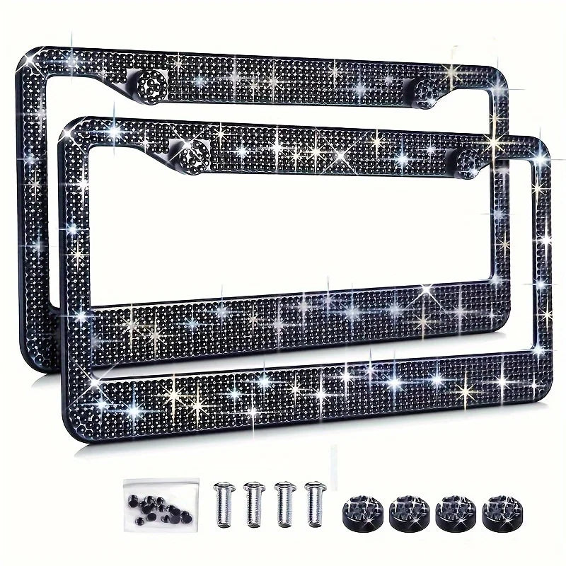 Stainless Steel Rhinestone License Plate Cover/ Holder, Black Diamond License Plate