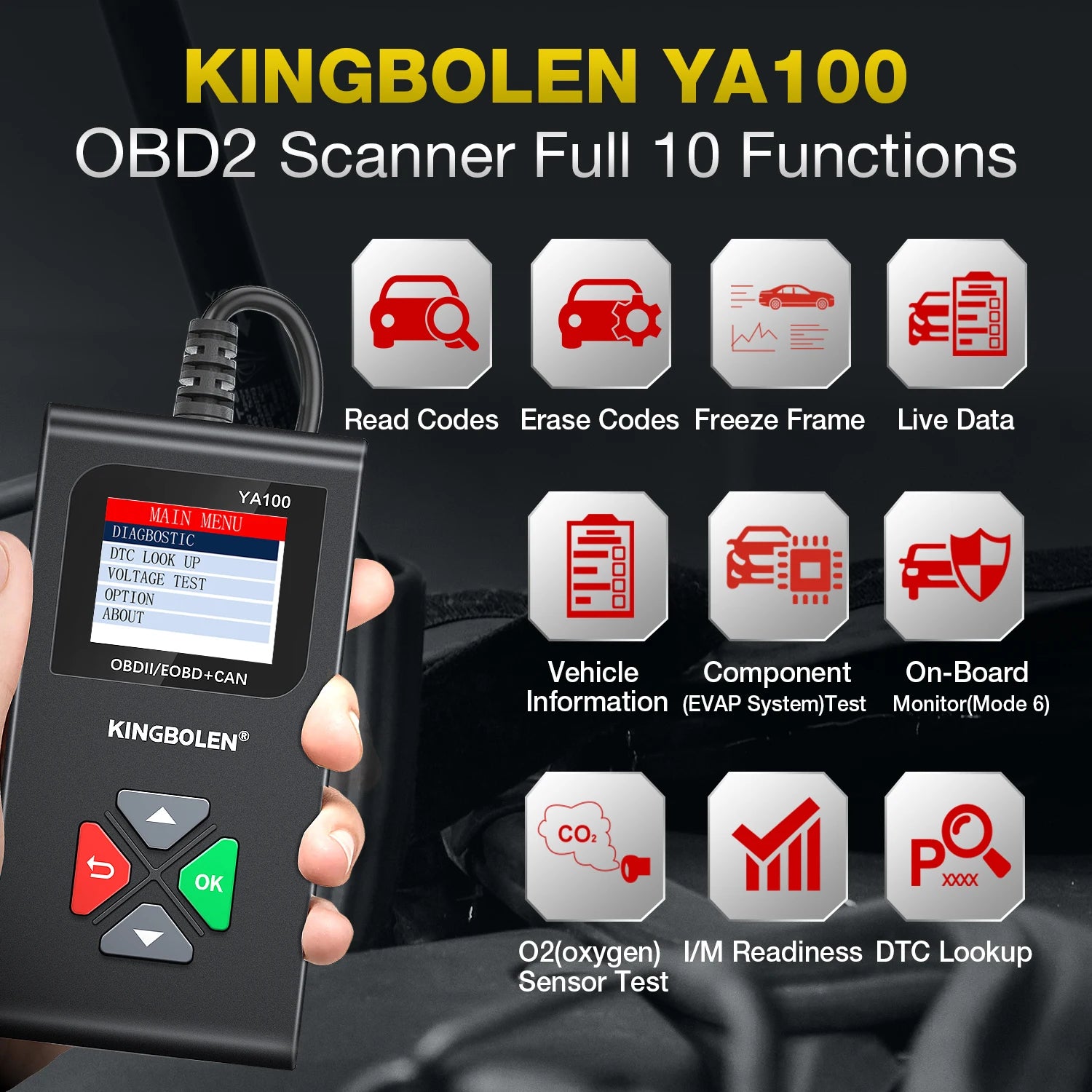 Kingbolen YA100 OBD2 Scanner Multilingual Car Diagnostic Tool check Engine Code Reaer Lifetime Free Update PK ELM327 LAUNCH 3001