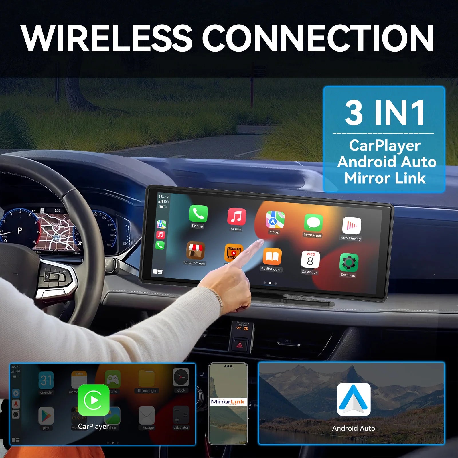 All-in-One Wireless CarPlay and Android Auto Portable Touchscreen for Any Vehicle