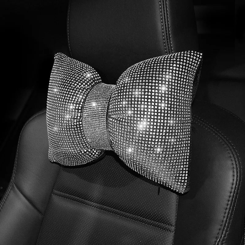 Sparkling Diamond Crystal Bowknot Neck Pillow - Luxurious Rhinestone Car Headrest & Bling Seat Support for Stylish Women