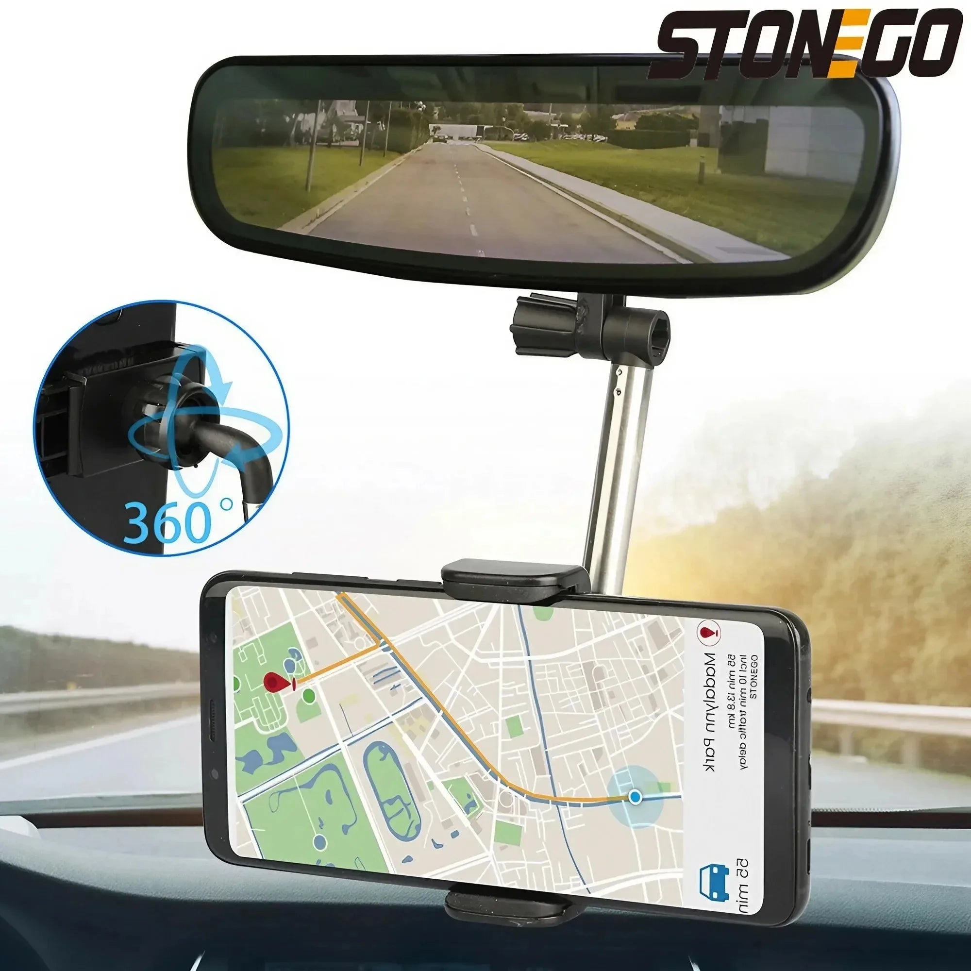 360° Adjustable Car Phone Holder for Rearview Mirror - Hands-Free Mount for Smartphones & GPS Navigation