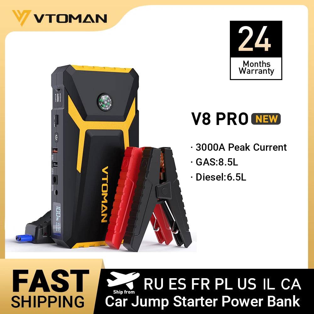 VTOMAN V8 Pro 3000A Car Jump Starter Power Bank 55.5Wh Car Starting Device Fast Charging Car Battery Charger Booster