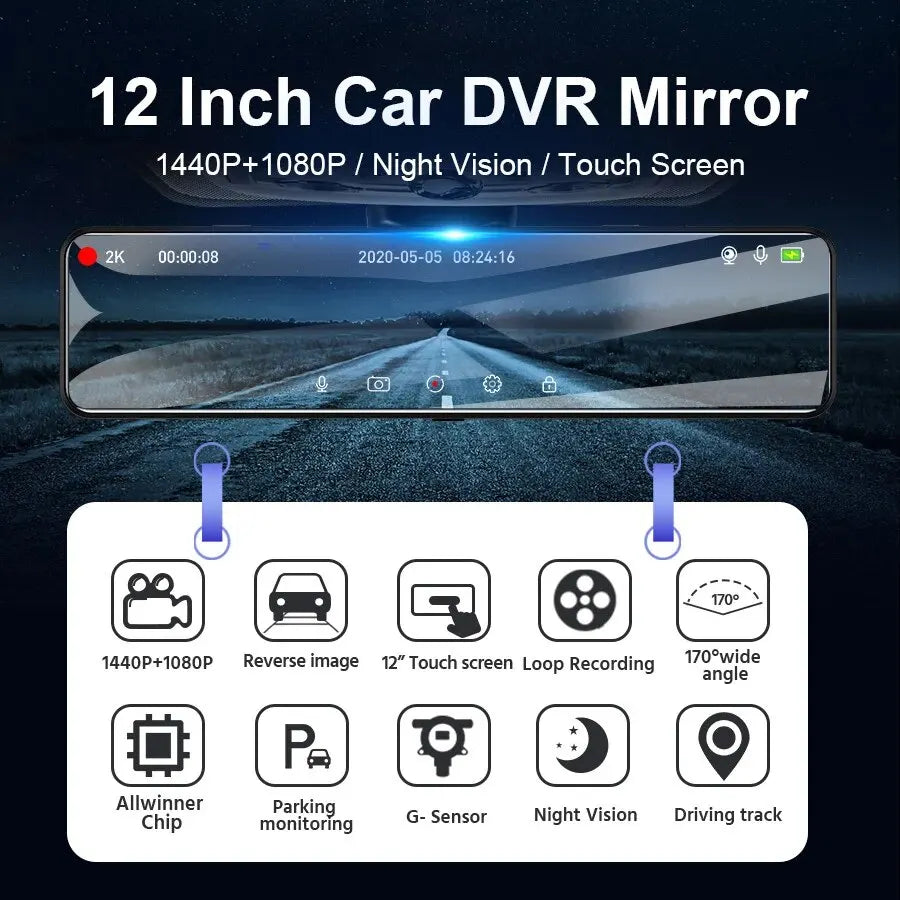 12" 2K Touchscreen Dual Lens Car Dash Cam with GPS and Night Vision - Premium Auto Recorder for Safety and Security