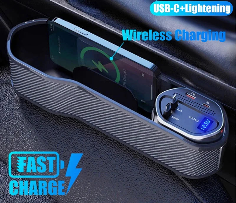 Wireless Charging Car Seat Gap Organizer with 40W USB-C/Lightning Fast Charge Cable Auto Center Console Storage Box