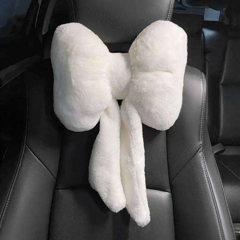 Plush Universal Car Neck Pillow - Cute Bow Tie Headrest Support for Travel & Office Comfort