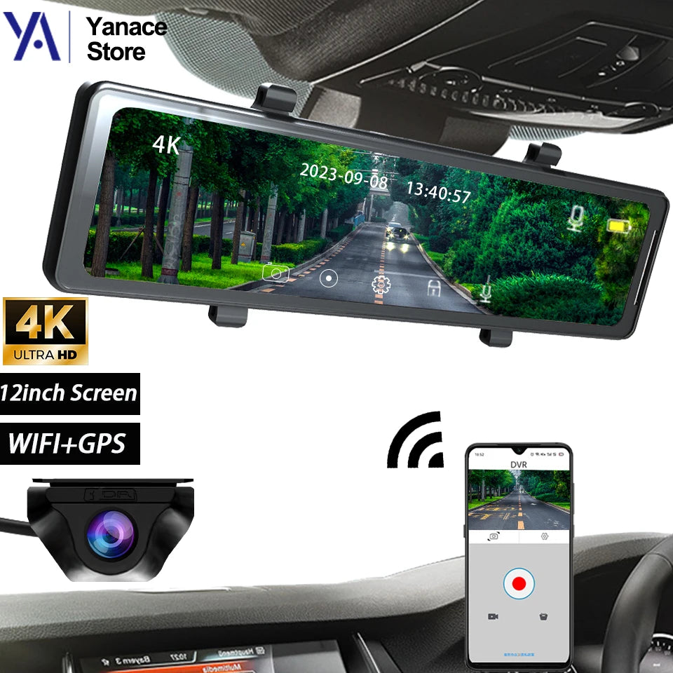 12-Inch 4K Touch Screen Dual Camera Dash Cam with Parking Monitor and G-Sensor for Ultimate Vehicle Safety