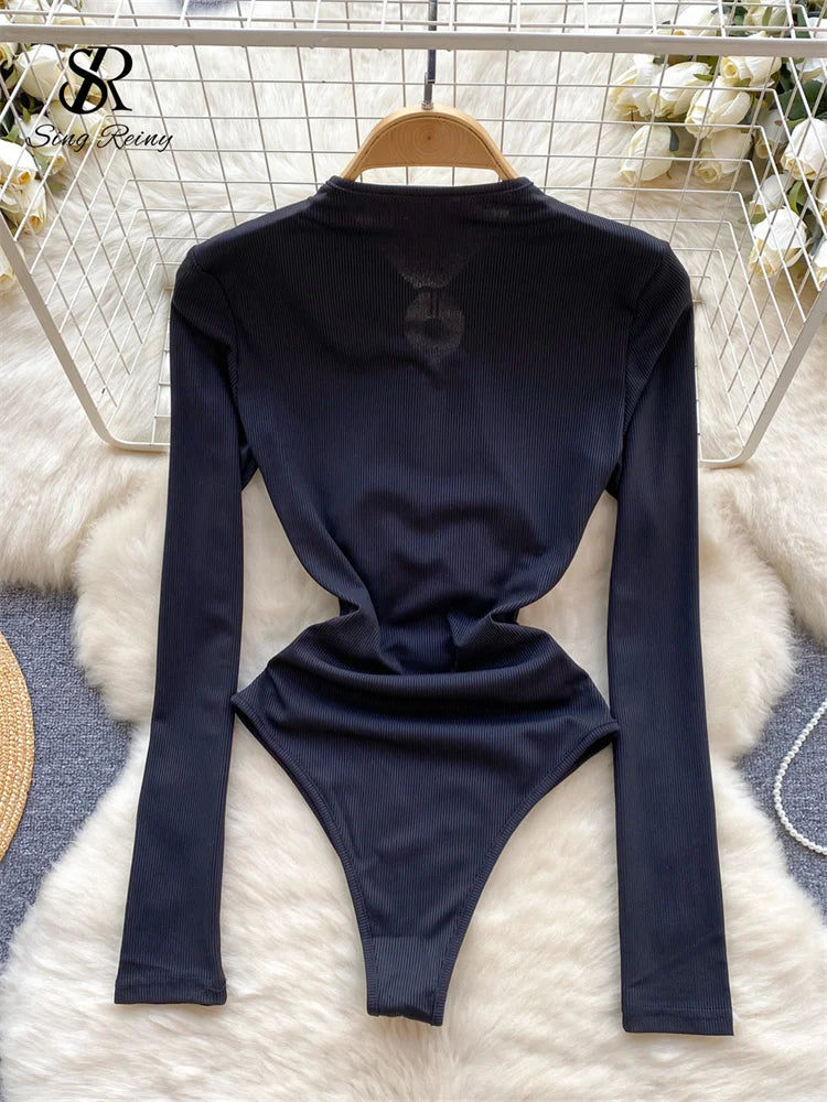 SINGREINY 2024 Autumn Skinny Sensual Bodysuits V Neck Long Sleeve Solid Rompers Open crotch Streetwear Hollow Out Sexy Playsuits