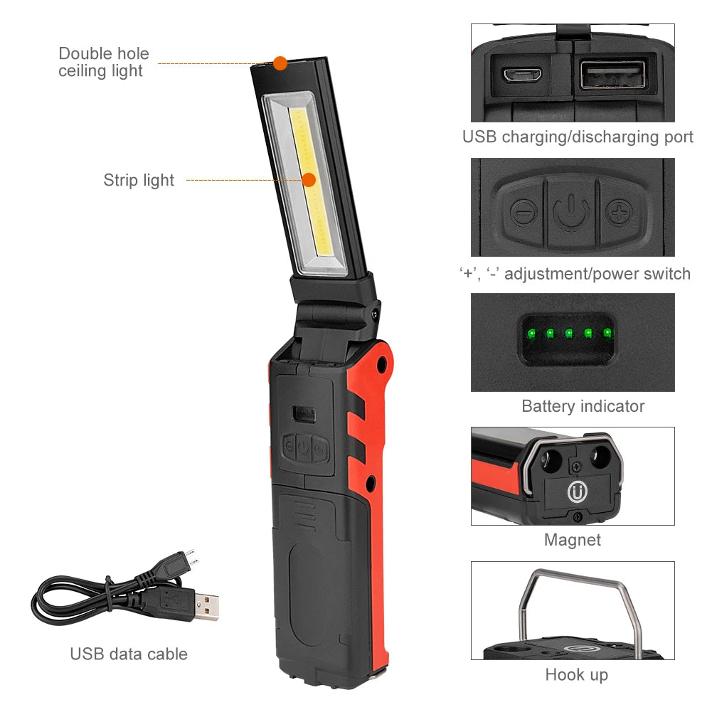 Magnetic Suction COB LED Work Light, Dimmable and USB Rechargeable. Inspection Lamp With Magnetic Hook and Power Bank