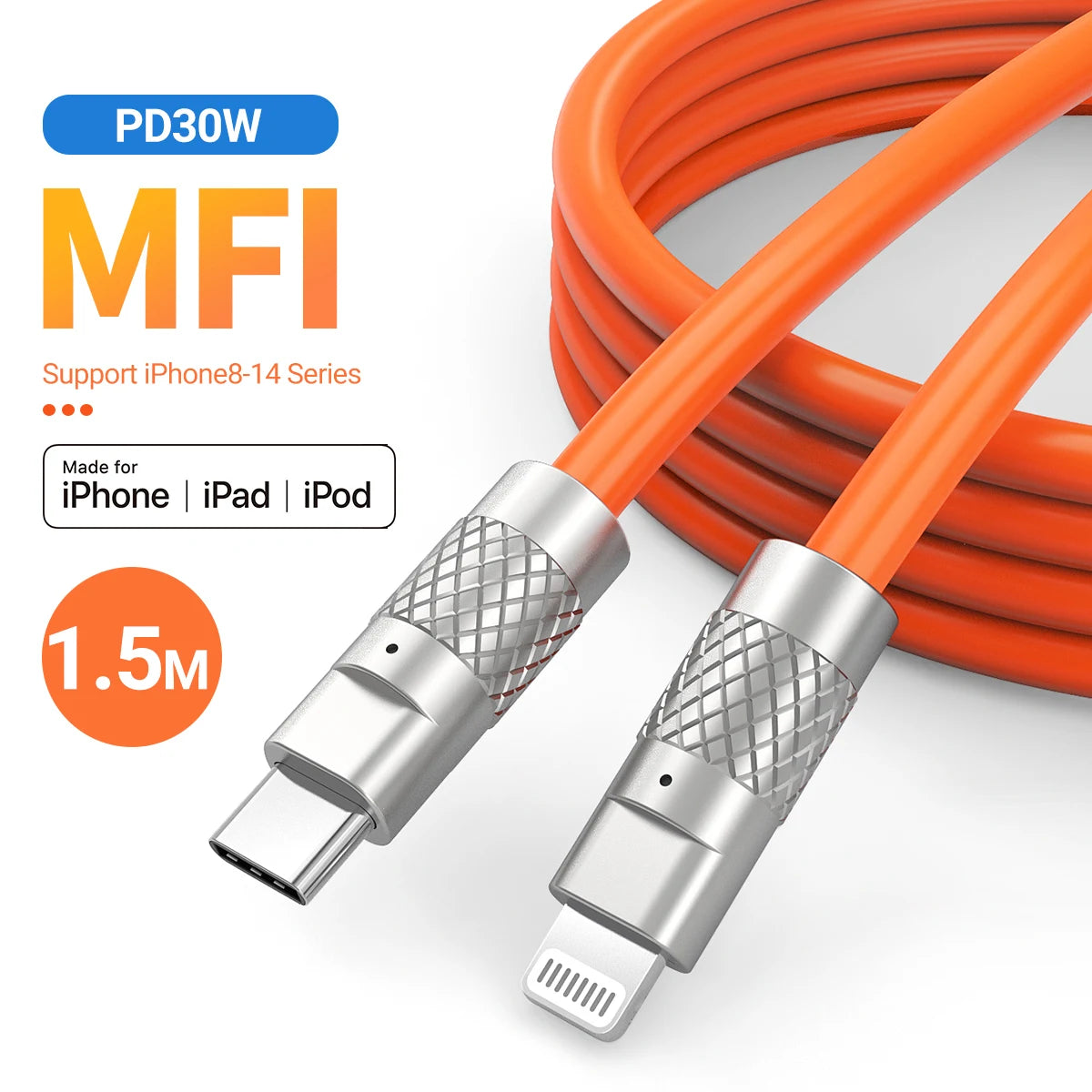 MFi Certified Fast Charging USB-C to Lightning Cable for iPhone - Durable Silicone Design, 1m Length