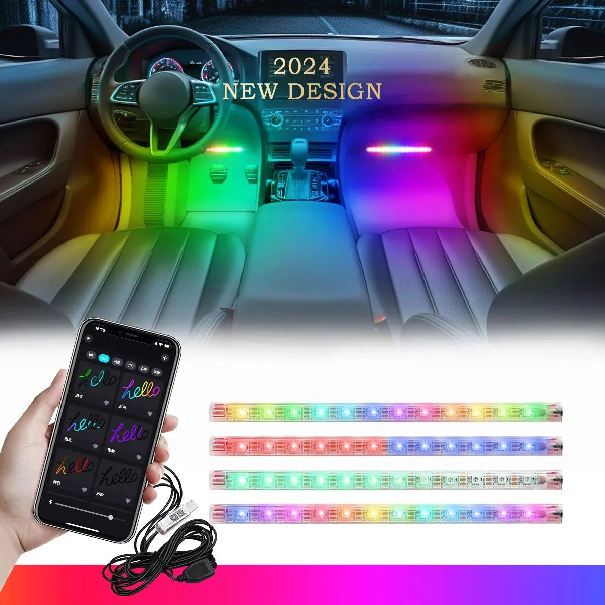 USB Colorful LED Car Interior Foot Lights RGB Backlight Lighting Kit Music Sync