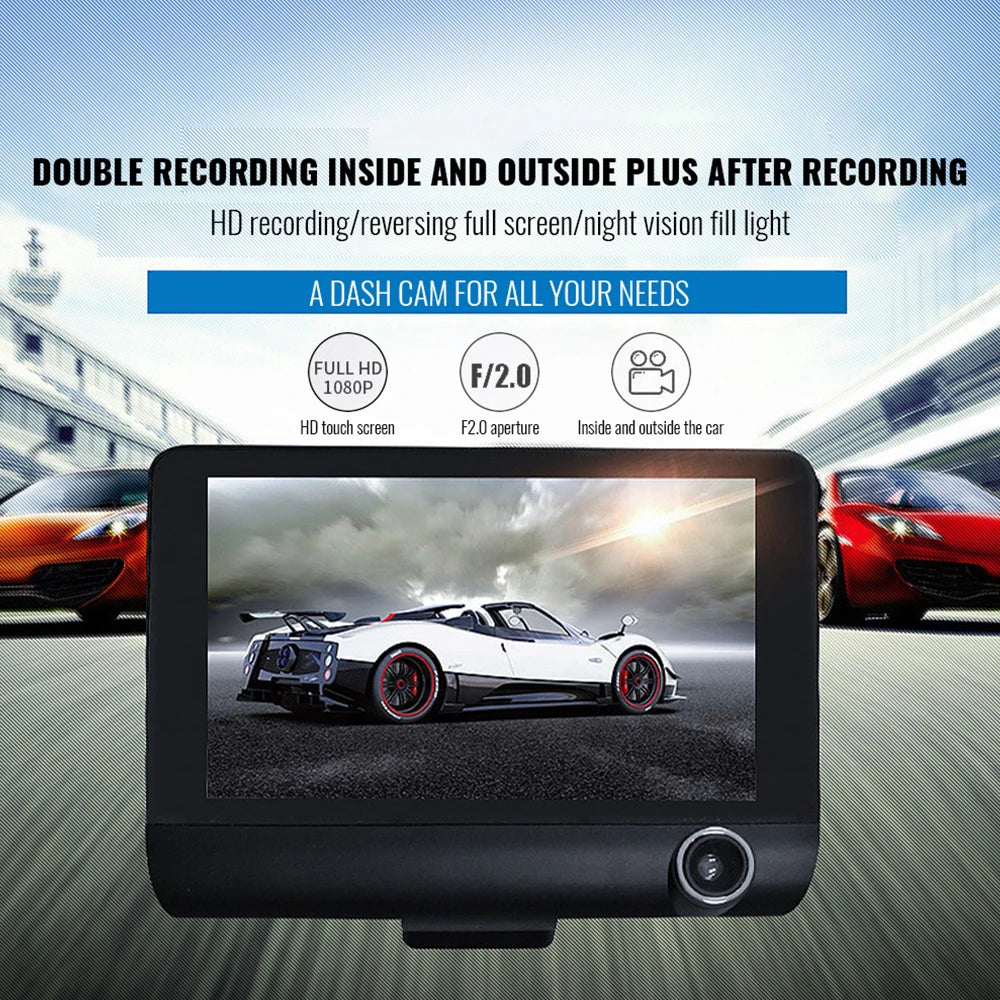 4inch Three Lens HD Dash Cam Night Vision Touch Screen Wide Angle Reversing DVR G-Sensor GPS Navigation Dashboard Video Recorder