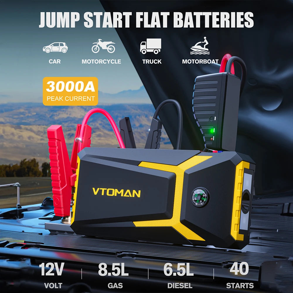 VTOMAN V8 Pro 3000A Car Jump Starter Power Bank 55.5Wh Car Starting Device Fast Charging Car Battery Charger Booster