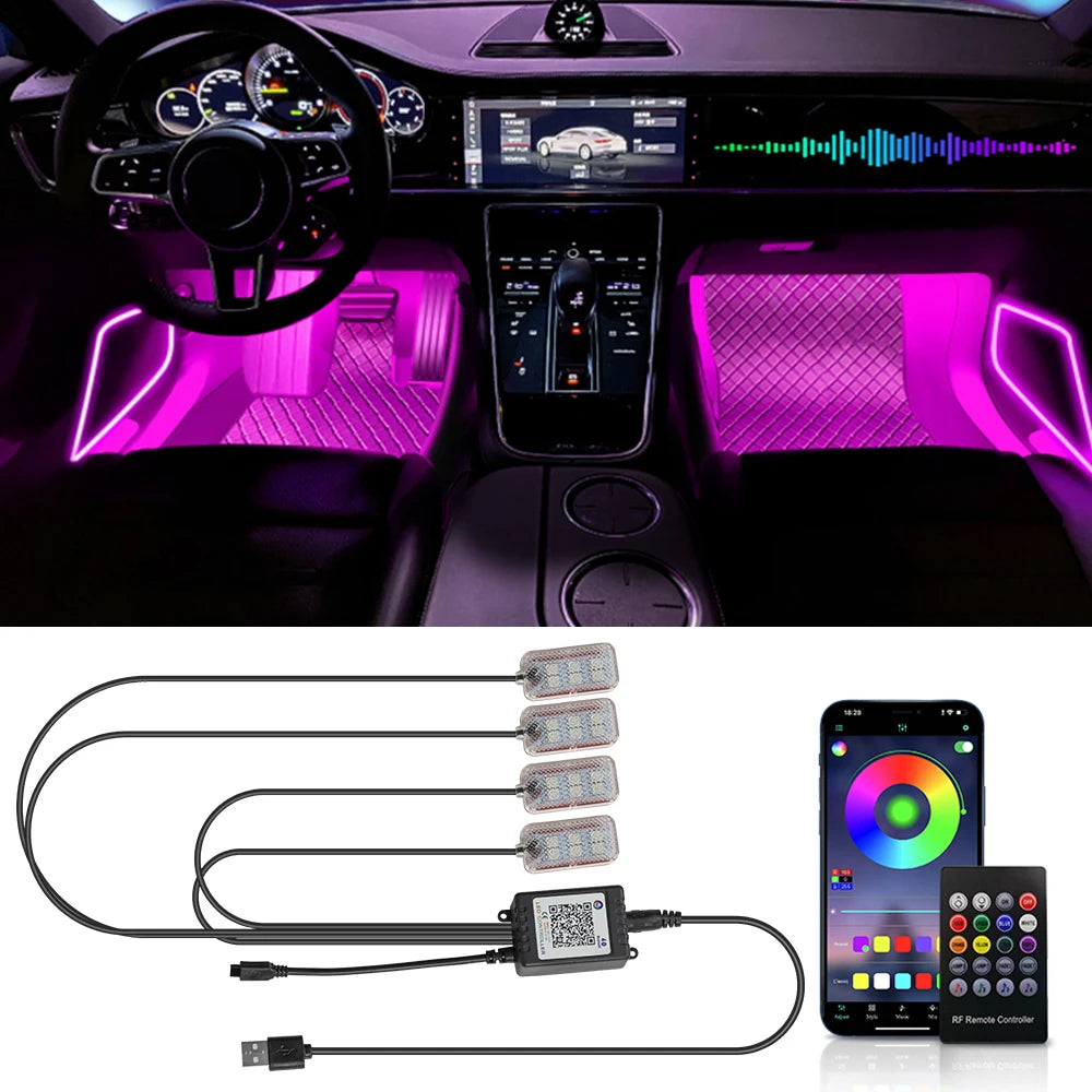 Dual control LED Car Interior Ambient Foot Light with USB Wireless Remote Music APP