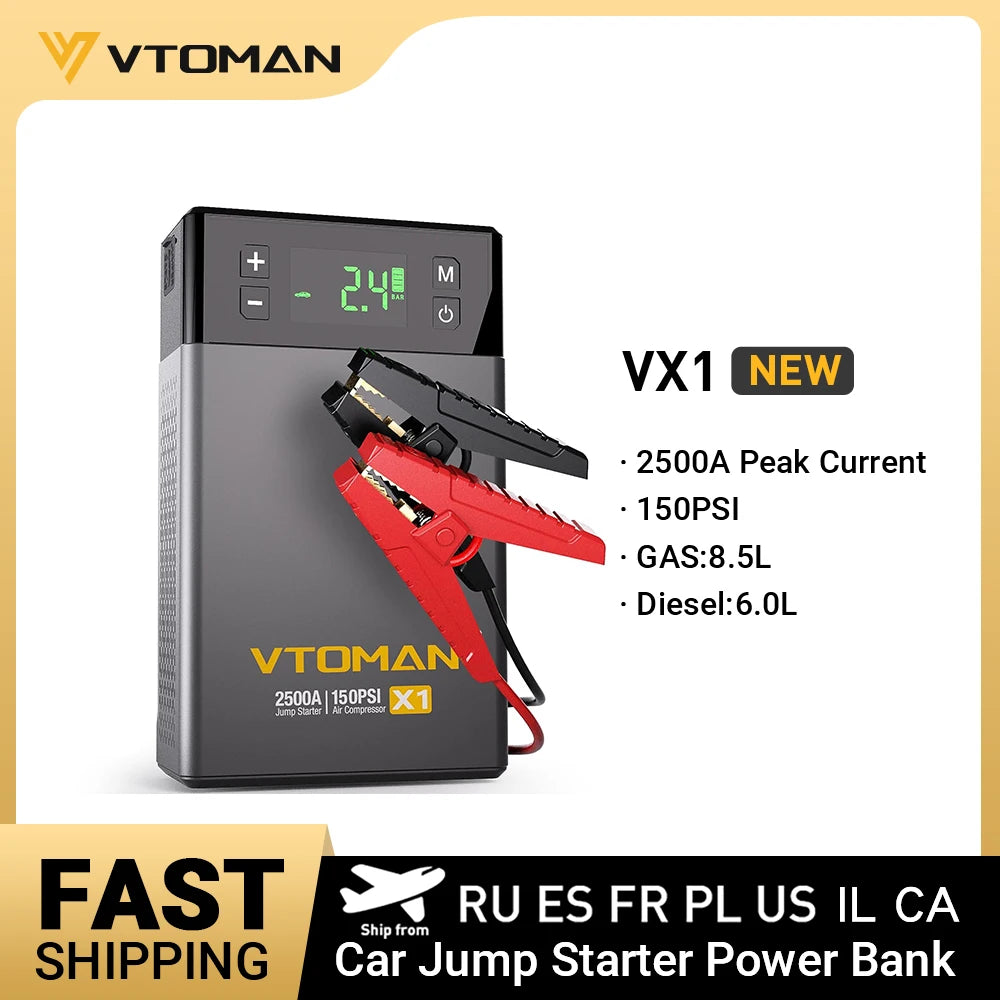 VTOMAN Car Jump Starter Portable Power Bank with Air Compressor 150 PSI Car Starting Device for Petrol Diesel 8.5L/6.0L