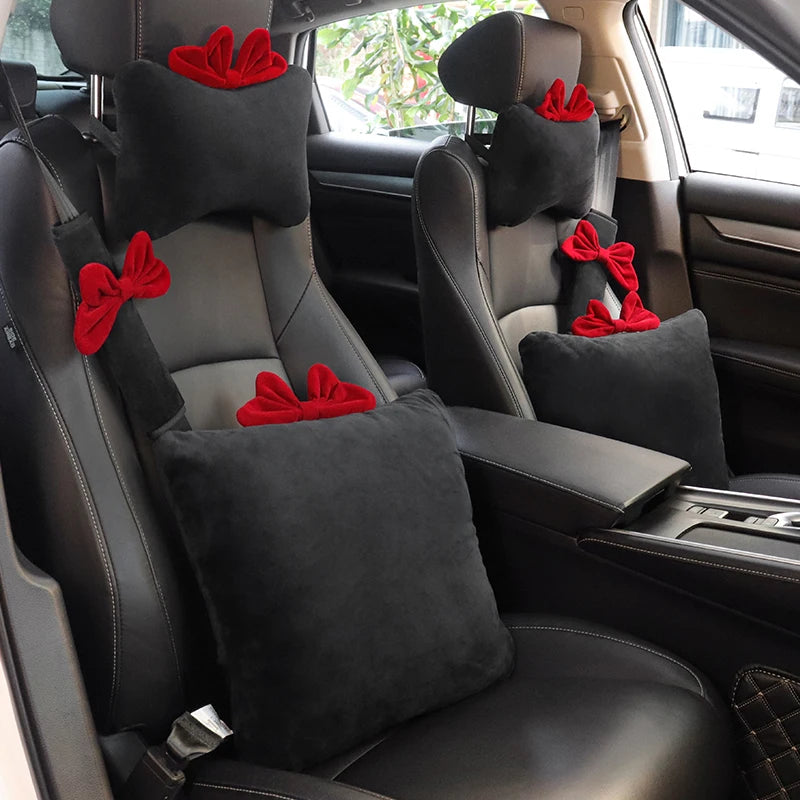 Adorable Red Bowknot Car Neck Pillow & Seatbelt Cover - Cute Cartoon Headrest Support for Women