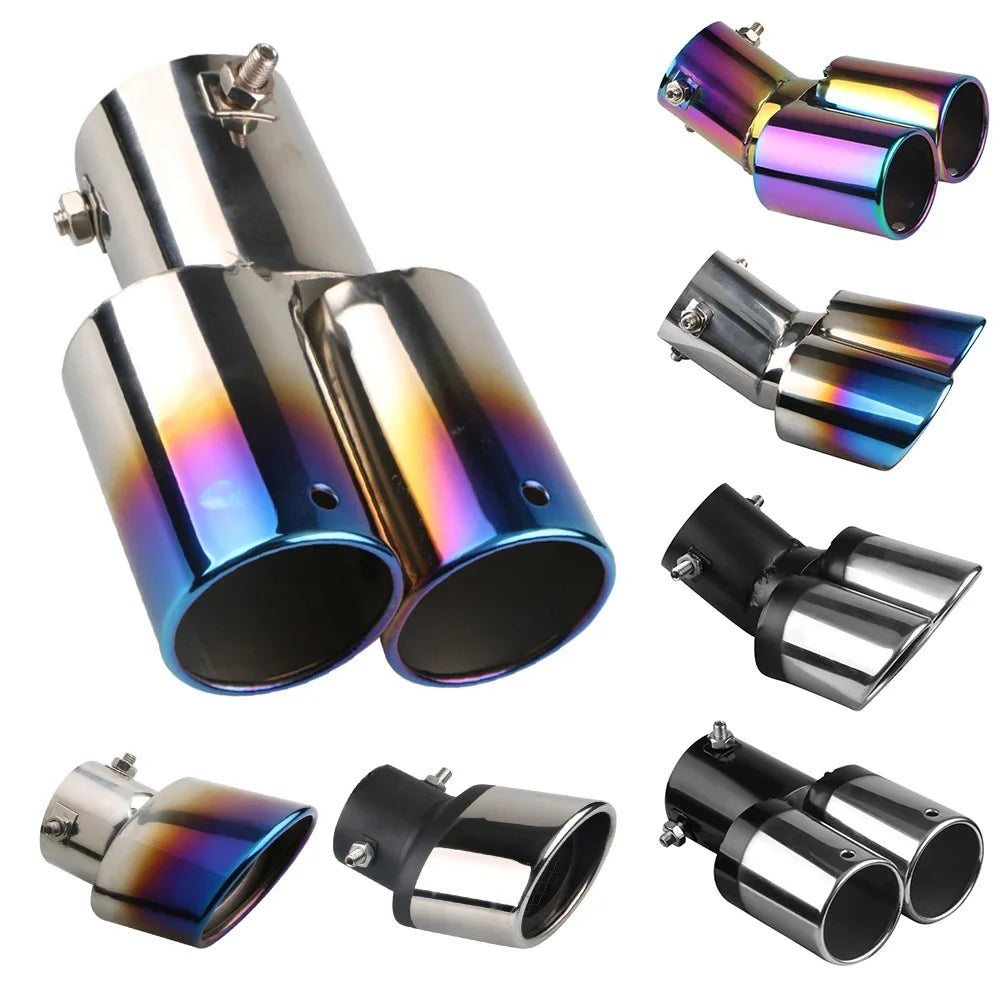 Stainless Steel Universal Car Dual Outlet Exhaust Tip – Slant Cut Auto Muffler Tail Pipe for 1.5L-2.2L Models