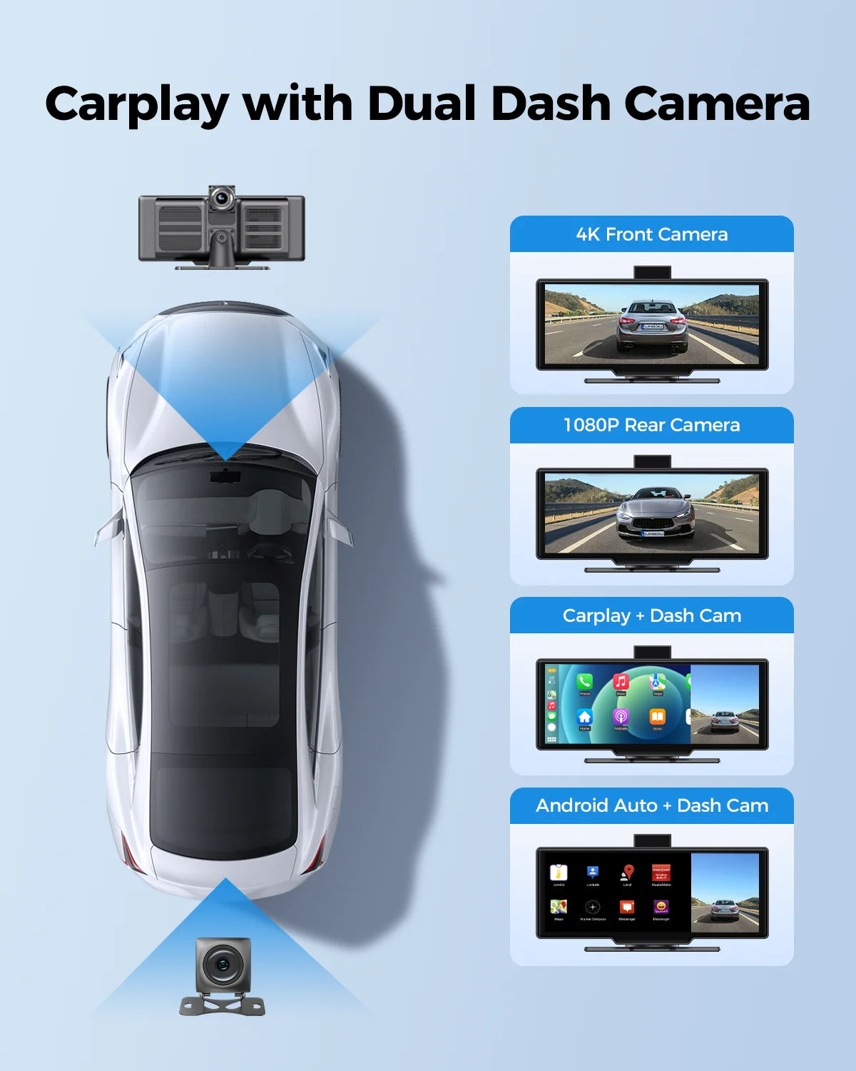 Massgle P20 Android Auto Carplay Dash Cam 4K Built-in ADAS Bluetooth Wifi Screen Mirroring Car DVR Dual-Channel Route Tracking