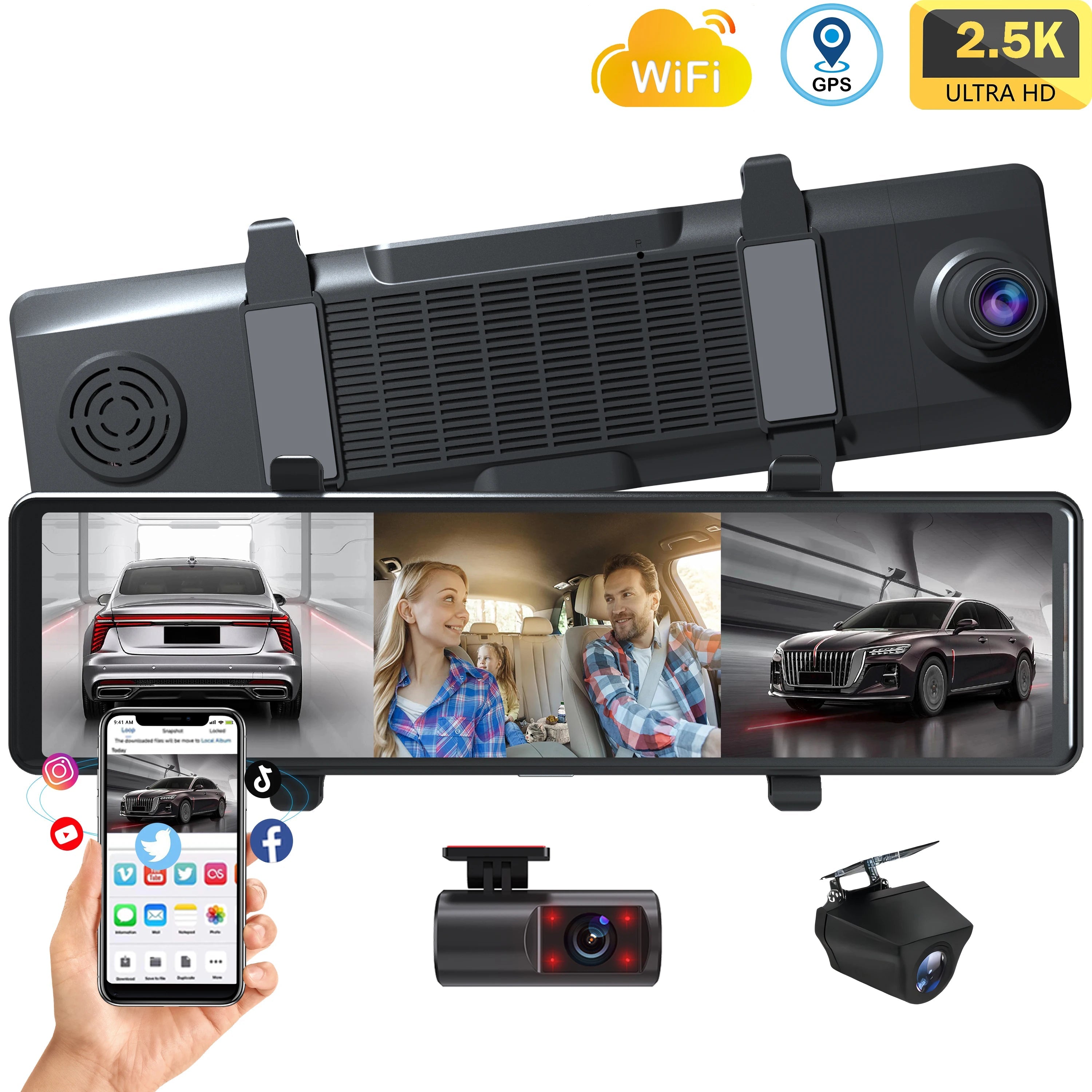 12'' 2.5K Triple Channel Mirror Dash Cam with GPS, WiFi, Night Vision & Loop Recording  

Experience unparalleled driving safety and convenience with this advanced 12-inch mirror dash cam. Featuring triple channel recording—front, rear, and