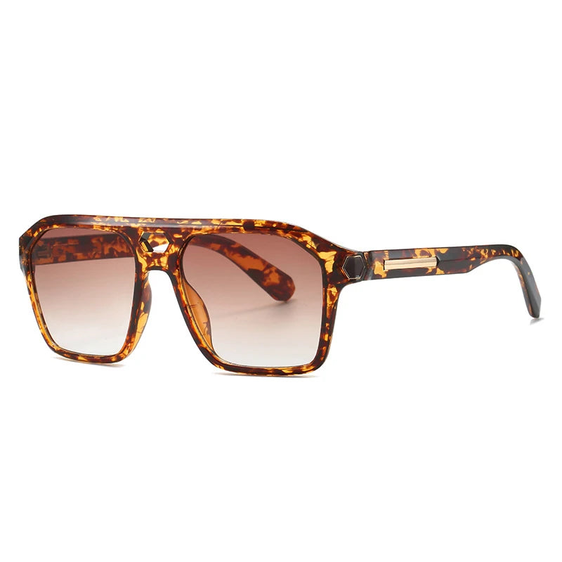 Vintage Leopard Square Sunglasses for Men and Women - UV400 Protection - Stylish Double Bridge Frame with Rivet Accents